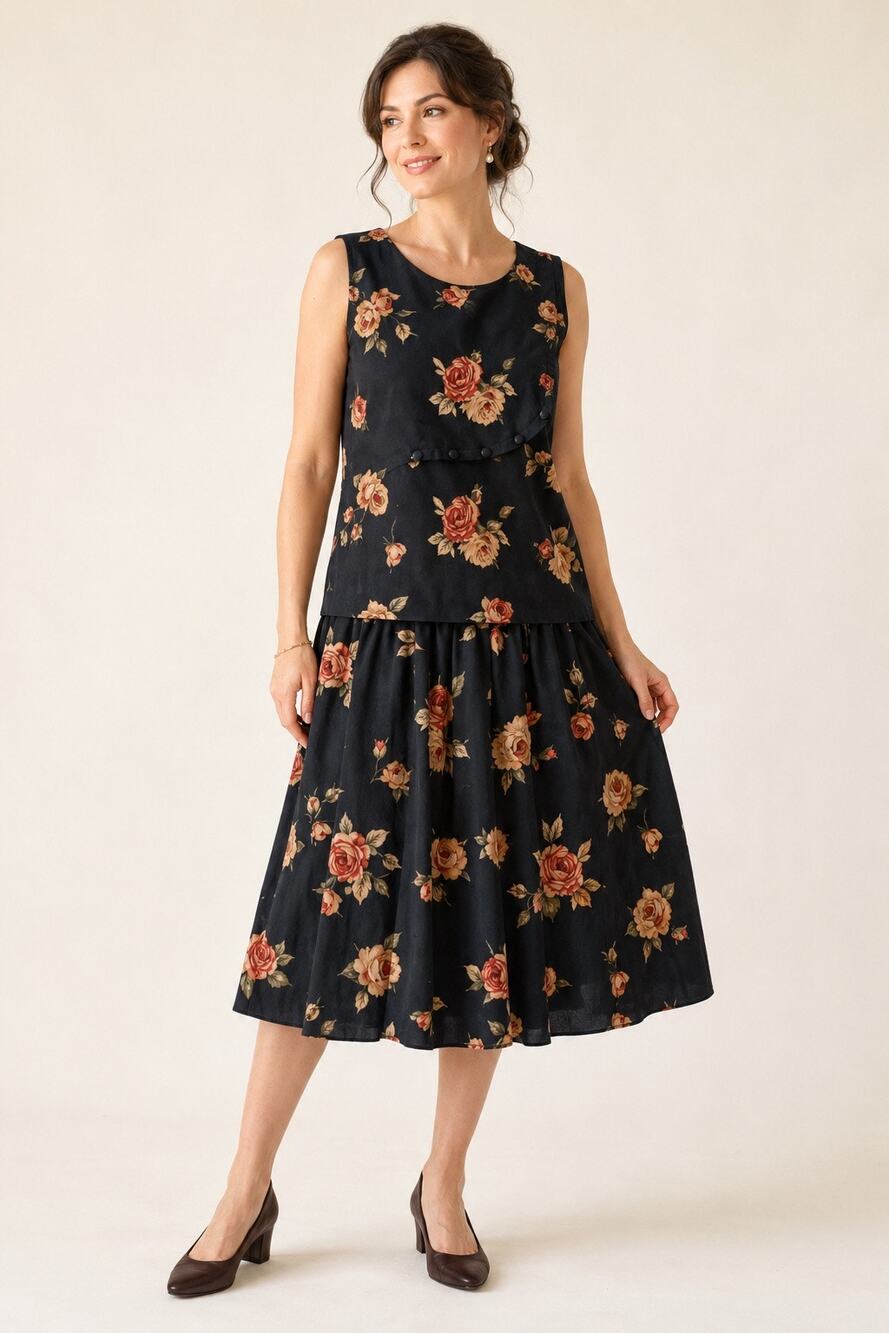Vintage Floral Two Piece Set Sleeveless Top Midi Skirt Black Rose Cottagecore